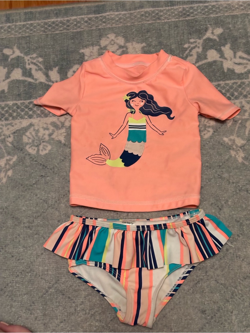 Carter's Peach Mermaid Rashguard Swim Set with Striped Ruffle Bottoms